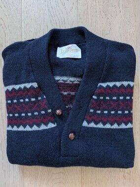 Vintage Jantzen Men's Cotton Navy Shawl Collar Sweater with Patterned Yoke